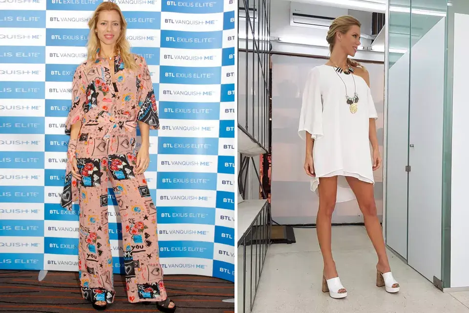 ¿Qué cambio de Nicole Neumann te gusta más? A la izquierda, conociendo el nuevo tratamiento BTL para modelar el cuerpo, con un equipo de doz piezas estampado y a la derecha con un vestido blanco de un sólo hombro y sandalias a tono