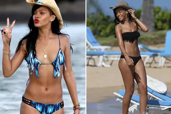 Rihanna siempre marca tendencia con sus atuendos. En este caso, la cantante alterna entre su bikini triangulito y su strapless con flecos. Eso sí, nunca sale sin su sombrero para completar su look