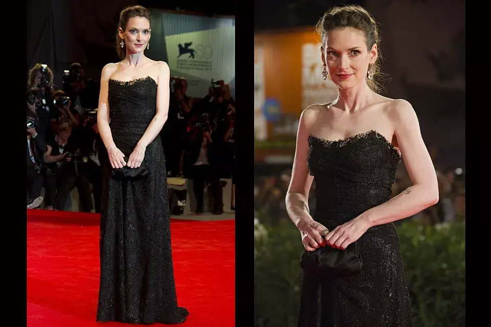 Discreta pero elegantísima, Winona Ryder optó por un strapless de Dolce &amp; Gabbana íntegramente de encaje; si hubiera elegido un sobre de algún otro color le hubiera quedado mejor, ¿qué opinan?