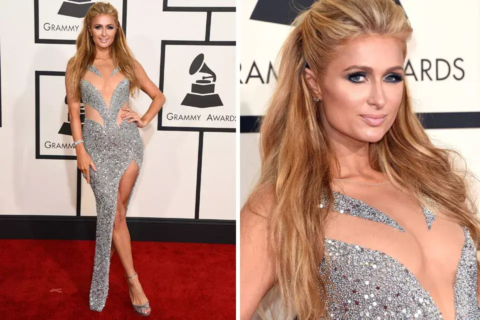 Paris Hilton se sumó a la tendencia del color plata y los brillos y optó por un vestido de paillettes con transparencias de Yousef Al Jasmi