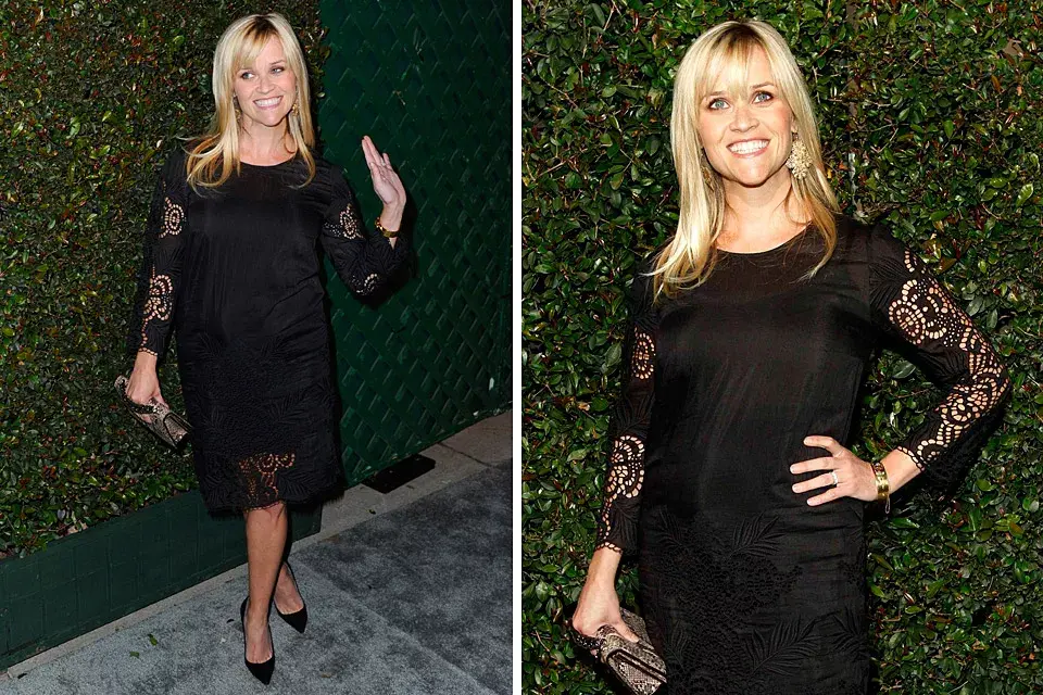 Divina, Reese Witherspoon destacó su panza de casi cuatro meses con un vestido negro de mangas largas y calados