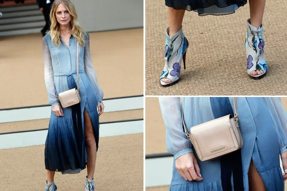 Poppy Delevingne optó por un vestido degradé en tonos azul. Lo acompañó con botitas Burberry y una bandolera muy canchera