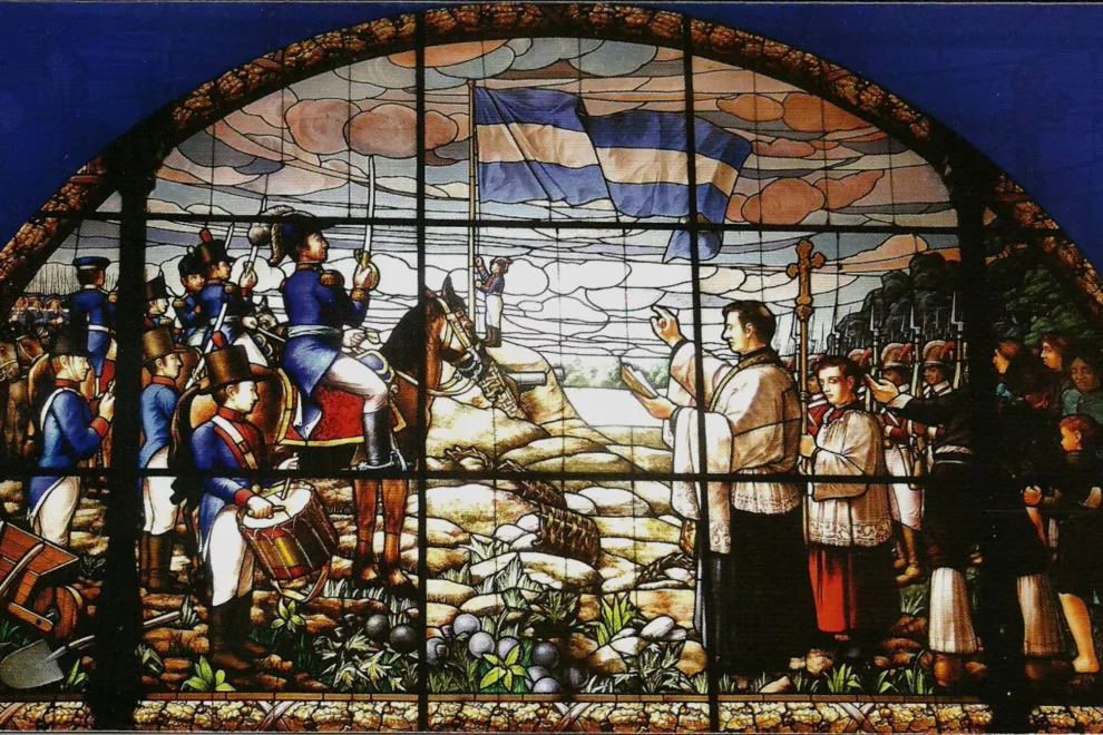 Vitral que representa “La creación de la Bandera por el general Belgrano en Rosario”
