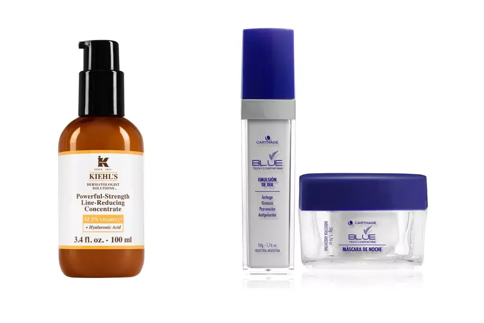 Powerful-Strength Line-Reducing, concentrado anti-arrugas anti-oxidante de larga duración, previene daños externos y envejecimiento, $1800, Kiehl´s. Blue Tech Defense emulsión de día y máscara de noche, previene el envejecimiento digital $720 y $600, Carthage