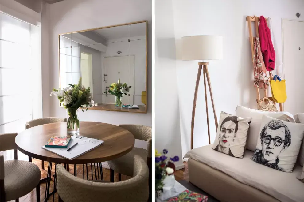 En el comedor, mesa redonda: “Da más espacio y me parece más inclusiva”. El espejo lo diseñó ella misma. En el living, sillón (Bull Buenos Aires) con almohadones estampados (Ornatto Serigrafía), perchero (Tienda de a Dos) y lámpara de pie (Fiumine). Las flores (Tienda de las Flores) nunca faltan