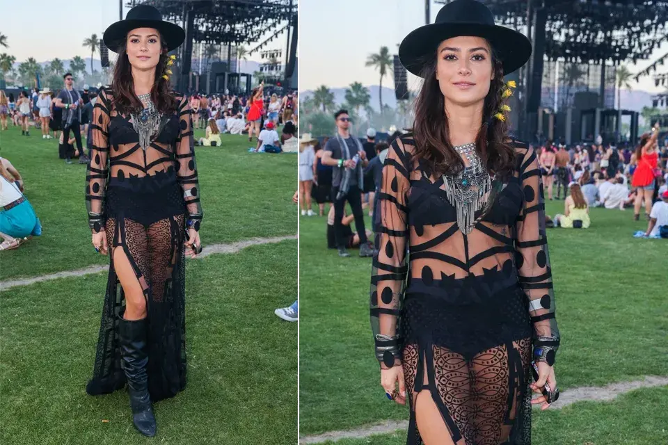 ¡Sí a las transparencias! Muy logrado este look de vestido negro y transparente con bordados. Infaltables el maxicollar, el sombrero y las maxibotas