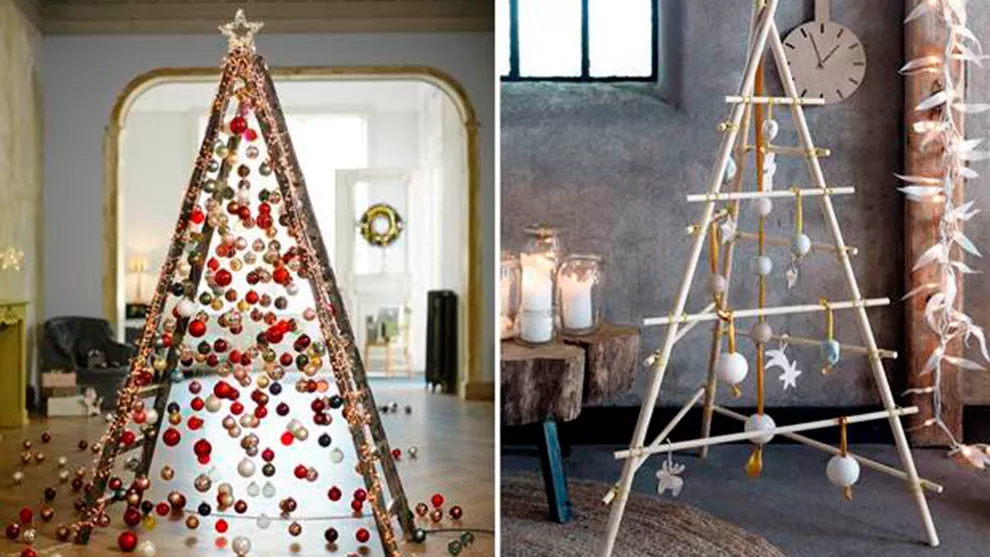 Otra versión para inspirarse: una vieja escalera decorada con borlas de navidad y luces, y un arbolito hecho con maderitas de distintas longitudes