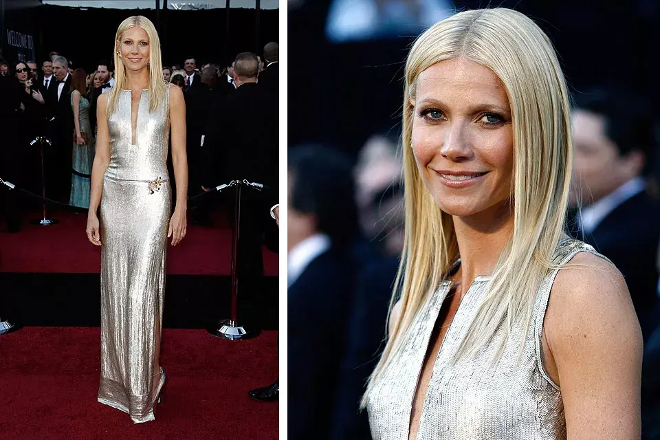 Gwyneth Paltrow impactó con su diseño de línea slim de Calvin Klein en paillettes color champagne, que adornó con broche y aros de Louis Vuitton