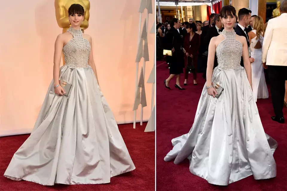 Felicity Jones eligió vestirse de Alexander McQueen con un vestido de falda amplia en un color grisáceo. Una elección correcta pero que la envejecía un poco