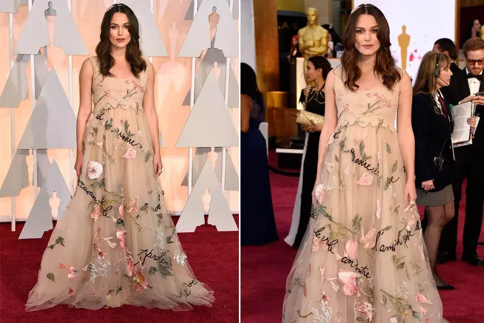 Keira Knightley vistió su pancita de embarazada con un romántico Valentino. Falló en el peinado, algo descuidado