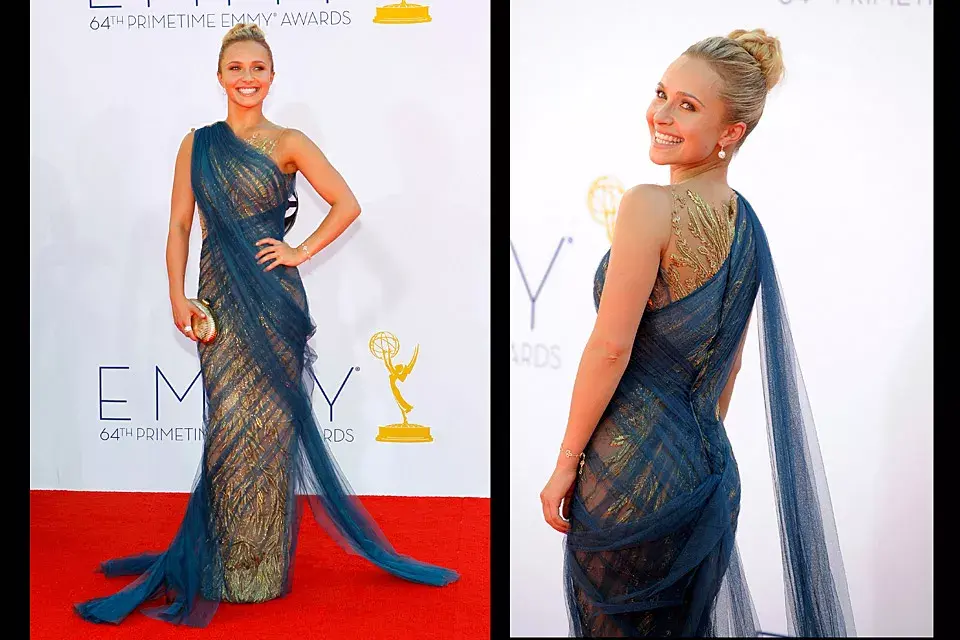 De estilo griego, el vestido de Hayden Panettiere combinó una base en dorado con un tul en azul