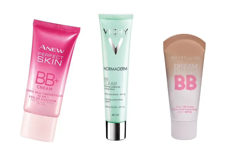 Anew Perfect Skin Crema Multibeneficios 10 en 1 (Avon, $340); Normaderm BB Clear (Vichy, $704); Dream Fresh BB Cream (Maybelline, $209);