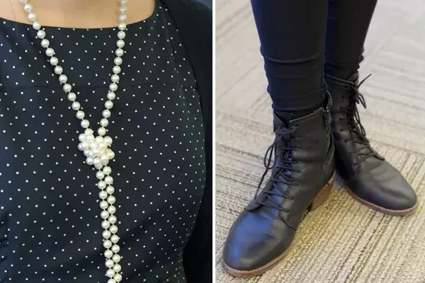 Collar de perlas para un look híper femenino y botas acordonadas para los días de frío ¿Con cuál de estas dos opciones te quedas?