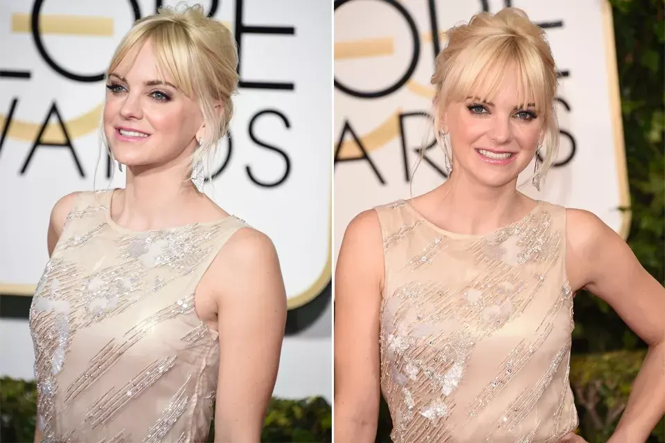 Anna Faris prefirió un peinado ultra femenino: recogido con flequillo y mechitas sueltas. ¡Divina!