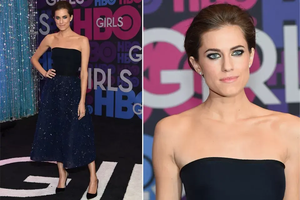 Allison Williams, la chica linda de la serie, eligió un Monique Lhuillier de la colección Pre-Fall 2015 en azul y negro con falda de pedrería y stilettos negros. Impecable su make up