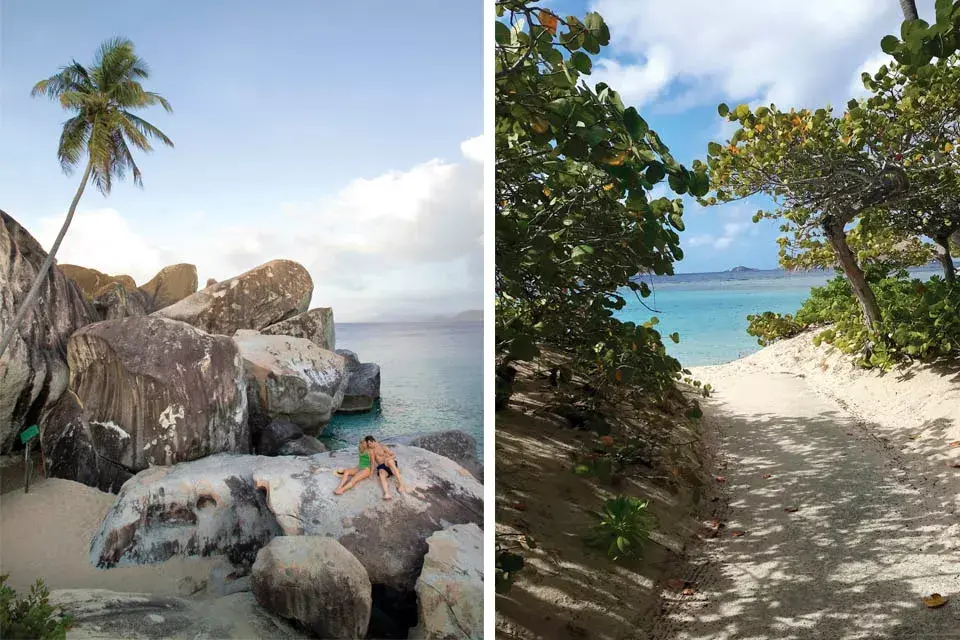 Las playas conservan detalles que las mantienen vírgenes. A la derecha un camino en el Rosewood Little Dix Bay