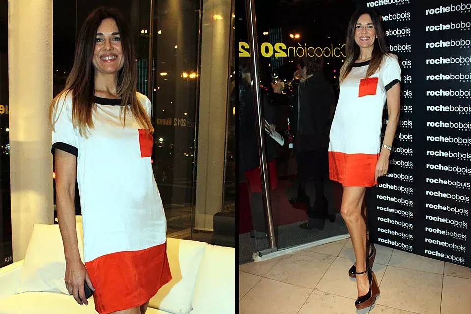 Siempre divina, Andrea Frigerio estuvo en el cóctel de Roche Bobois con un vestido túnica de seda con reminiscencias de Mondrian. Lo usó con zapatos con plataforma y pulsera