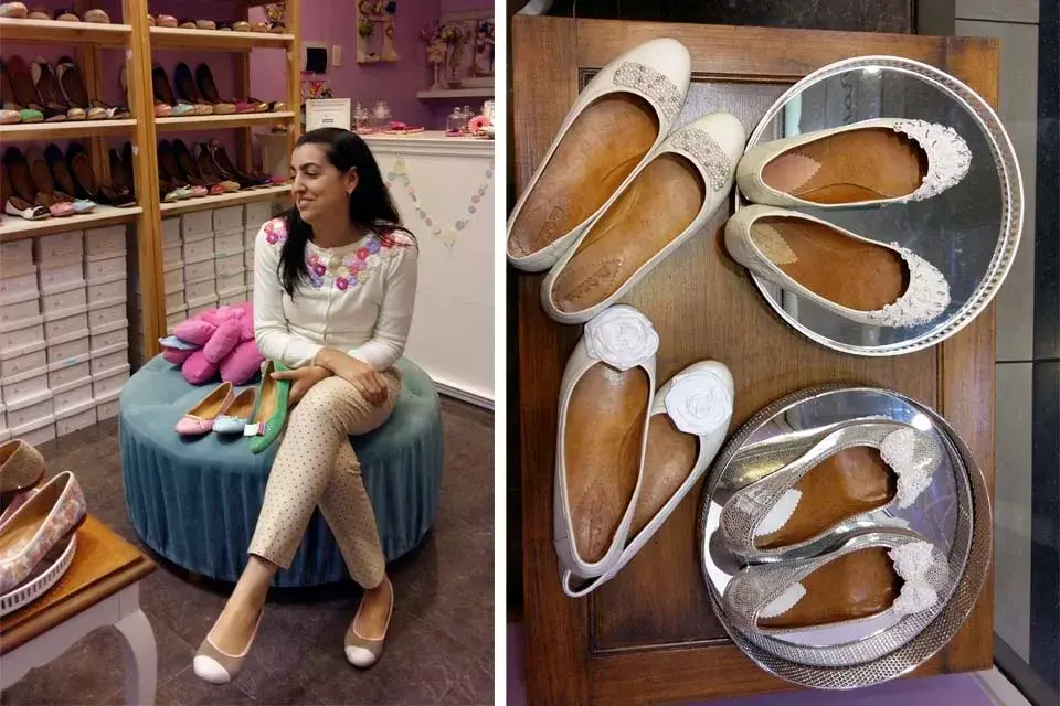 Izquierda: Malvina Acuña en su local 
Derecha: las clásicas y famosas ballerinas