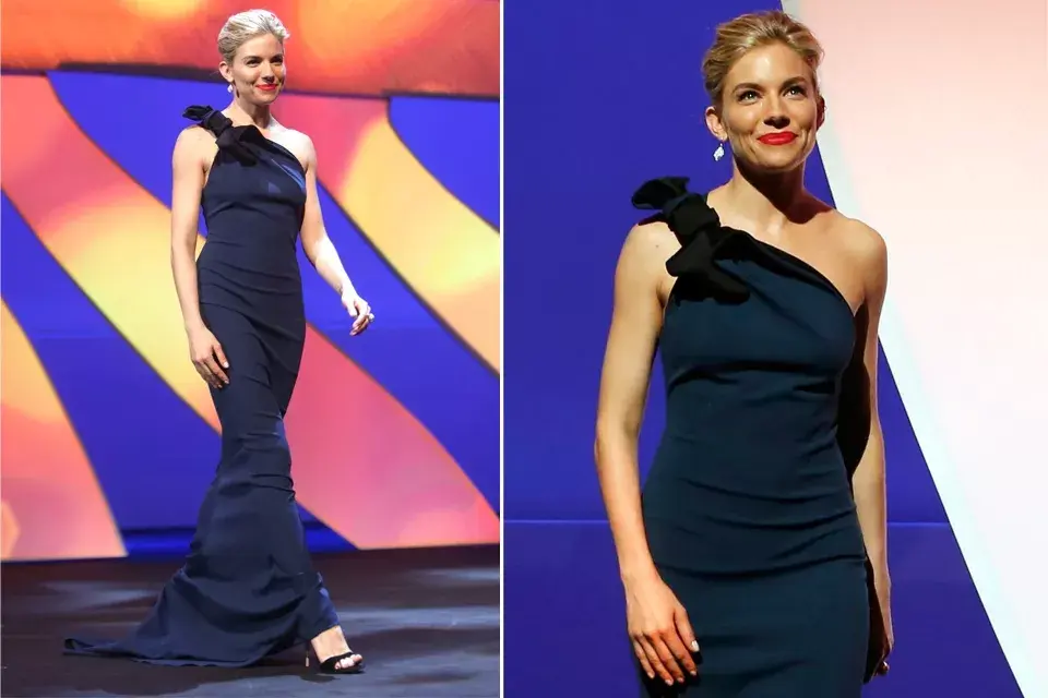 Sienna Miller asistió al evento con un vestido de Lanvin de escote asimétrico, en azul marino