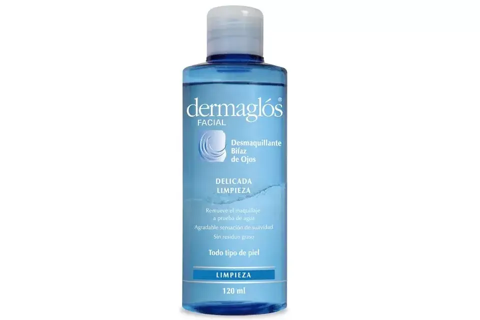 Desmaquillante bifaz de ojos.  Para limpiar y descongestionar en un solo paso. Tiene una fase oleosa que limpia incluso maquillaje a prueba de agua y otra acuosa que hidrata la piel. ($103, Dermaglós).
