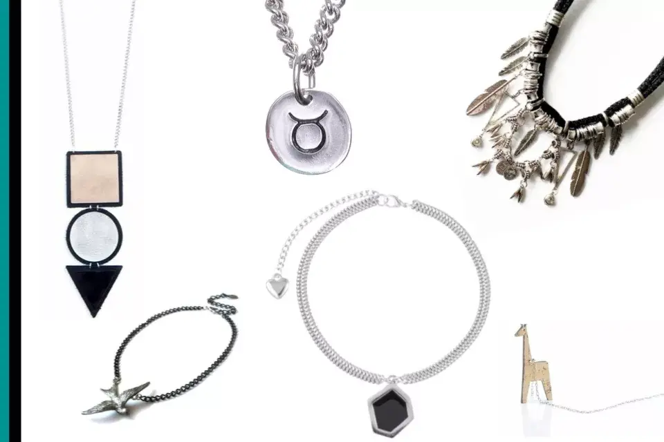 Collar formas geométricas $350 de Iskin Sisters / Gargantilla signos $330 de Maria Rivolta / Collar indie $450 de Berlina / Gargantilla paloma $360 de Cuatro Musas / Gargantilla dije negro $290 de Kona Queen / Collar jirafa $220 de Iskin Sisters