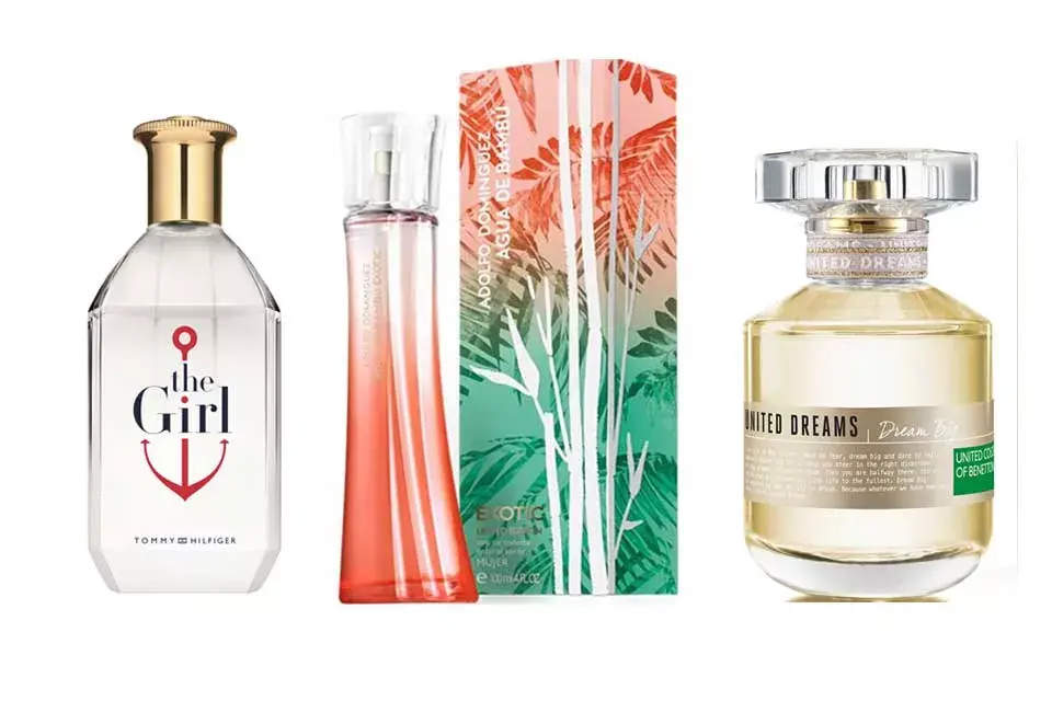 (The girl, de Tommy Hilfiger EDT 50ml $890) / (Exotic de bambú, de Adolfo Domínguez EDT 100mL, 589$) / (Dream Big, de Benetton EDT 80mL $515)