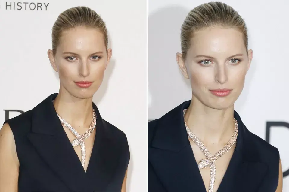 Karolina Kurkova destacó sus facciones peinándose hacia atrás y con un make up bien ligero y natural