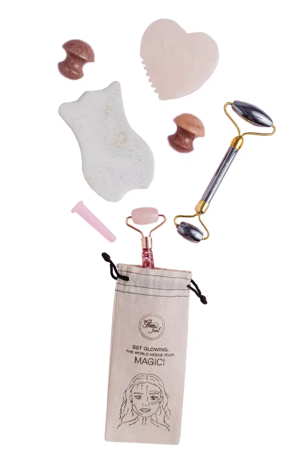 Glitter roller, face roller, gua sha ónix, gua sha corazón, glow mushrooms korean root, $2700, $4500, $2500, $2000,
$2500.