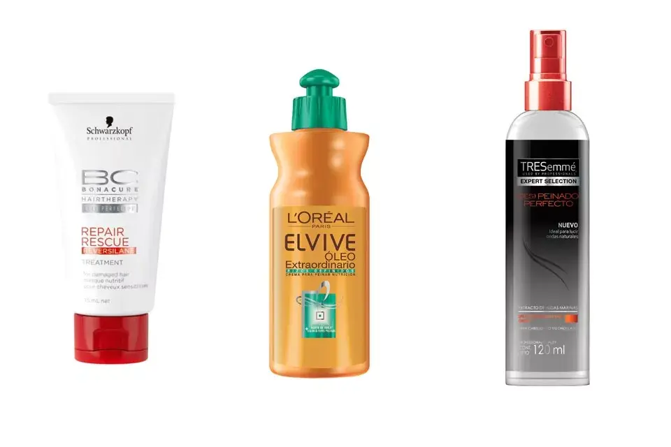Sérum puntas abiertas (Schwarzkopf, $309), reconstruye el cabello y lo sella con una capa antifricción reactiva. Óleo Extraordinario Rizos Definidos (Elvive, $79), nutre y da volumen. Spray Texturizador con Extractos de Algas Marinas (TRESemmé, $61), da textura, marca el corte y las ondas naturales