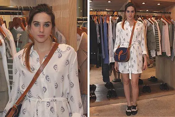 María Abadi estuvo mirando la colección de Aridza en Palermo; combinó un vestido chemise con bandolera y zapatos Oxford, infaltables este invierno