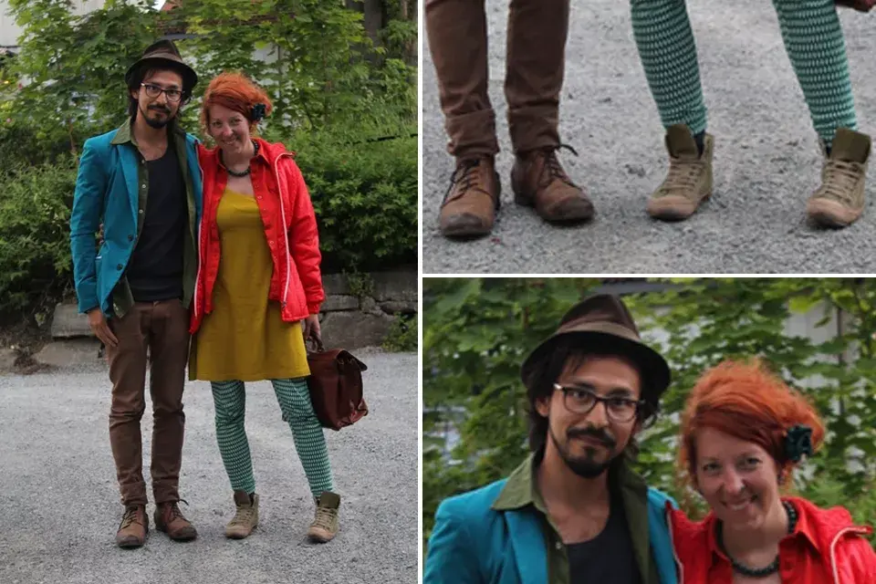 Una pareja bien colorida y con muchos accesorios. Nos copan las zapatillas de ambos