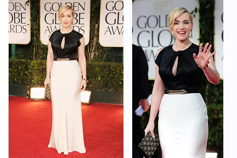 Kate Winslet, elegantísima con un vestido en blanco y negro de Jenny Packham con escote cerradura