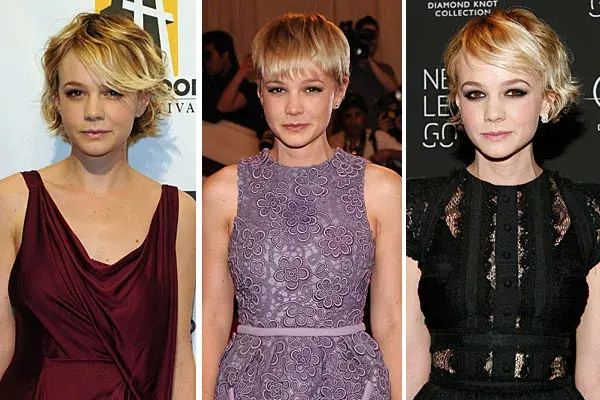 Carey Mulligan opta por un peinado corto, siempre rubio, con el pelo para el costado o hacia adelante