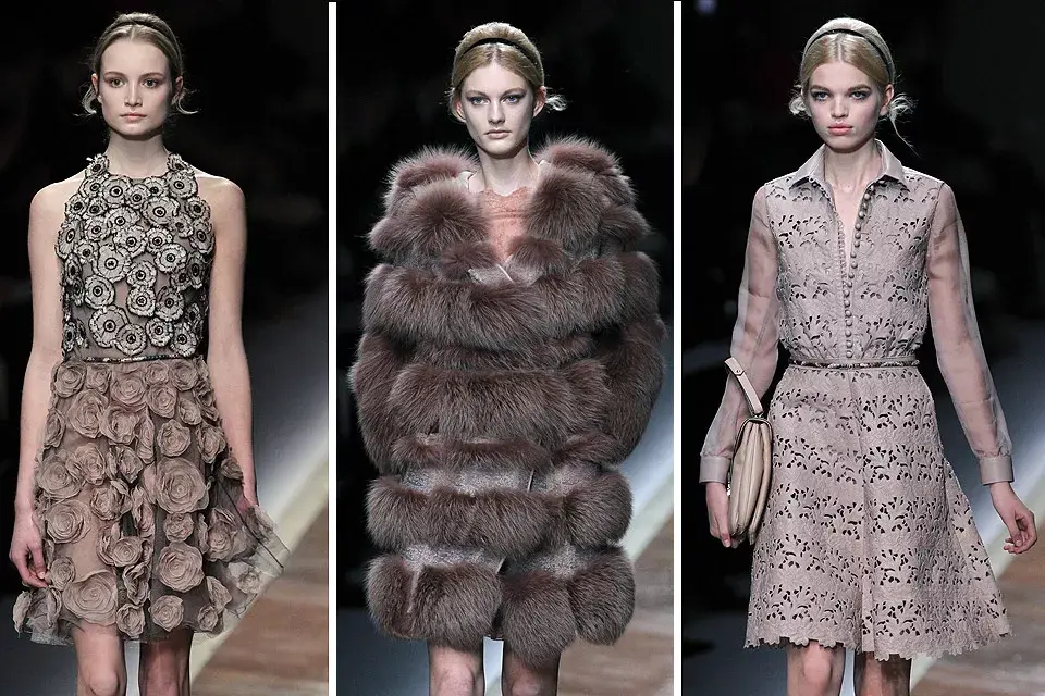 Valentino, una propuesta con vestidos cortos en tonos de beige y abrigo de piel