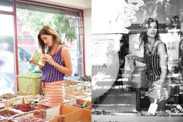 Musculosa con nudo en el frente (vitamina, $338), mini de algodón con bolsillos (lupe, $315), collar de cadenas y dijes (besha, $198).