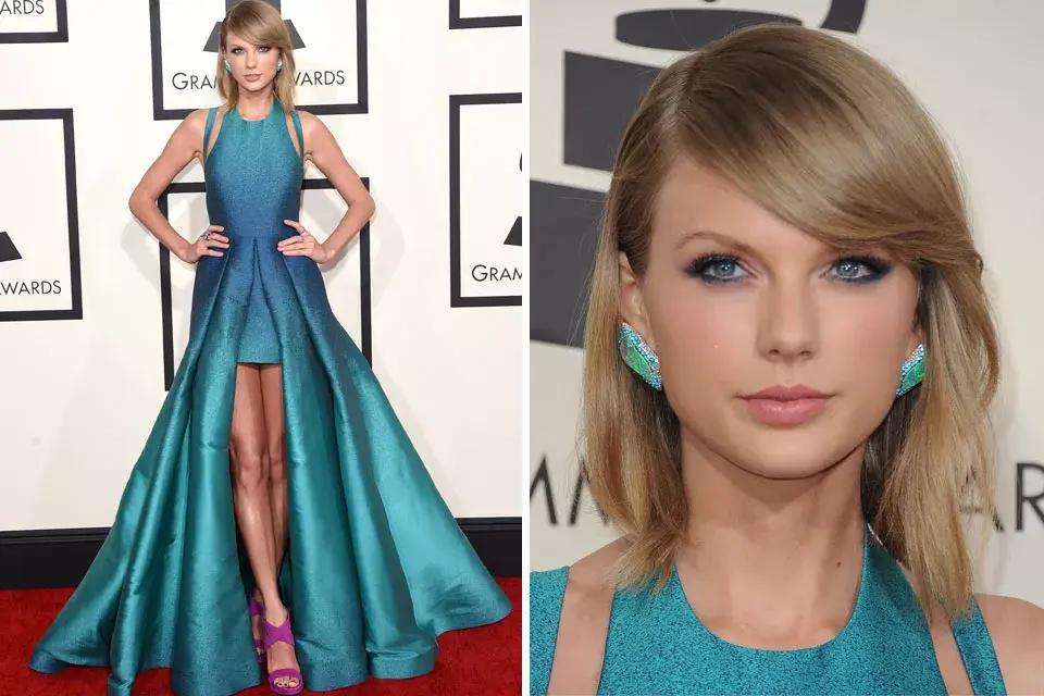 Diosa indiscutida, Taylor Swift se decantó por un vestido asimétrico con cut outs en los hombros, en verde y azul en degradé, de la colección de primavera 2015 de Elie Saab