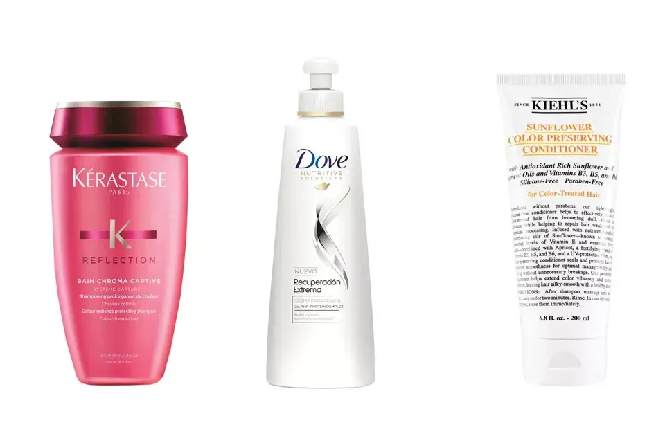 Shampú Reflection Chroma Captive(Kérastase, $552), Mantiene el color y el brillo.Crema de Tratamiento recuperación extrema (Dove, $87), un shock de nutrición para el pelo teñido, opaco y quebradizo. Sunflower Color Preserving Conditioner(Kiehl’s, $810), mantiene el color, nutre y repara