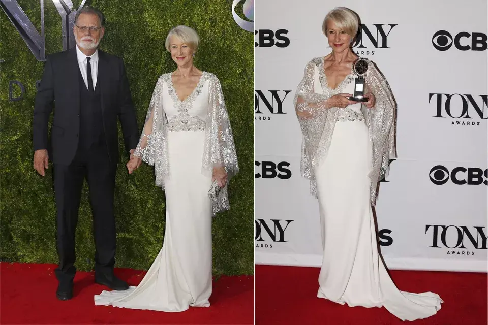 La actriz Helen Mirren optó por un Badgley Mischka blanco, con mangas y escote llenos de encaje. Te hemos visto mejor vestida, Helen, pero ¡estás impecable!