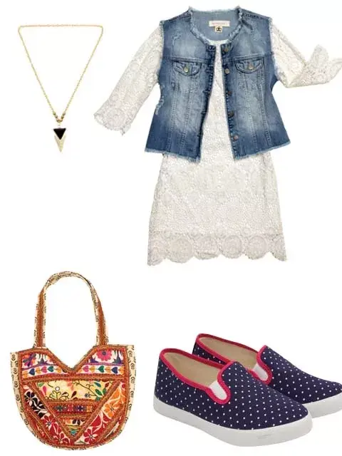 Vestido de mangas 3/4 (Tucci, $1942), chaleco de denim (Paula Cahen d’Anvers, $1375), colgante triángulo (Todo Moda, $59), cartera bordada (India Style, $840), panchas  (Levi’s, $770).