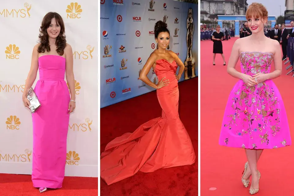 Tres diosas enfundadas en diseños de colores bien estridentes, obviamente by Oscar de la Renta: Zooey Deschanel, Eva Longoria y Jessica Chastain
