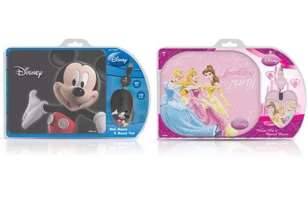 Pad y mouse óptico con dibujos de Mickey y de Princesas ($112 c/u)