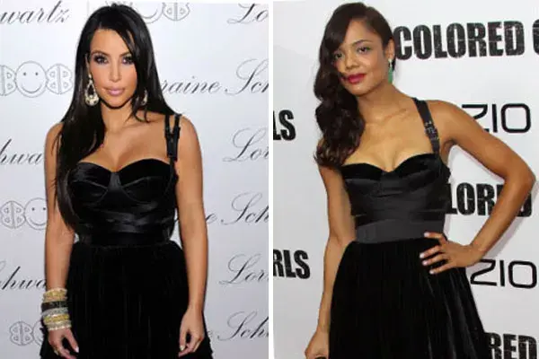 La exuberante Kim Kardashian y  la actriz Tessa Thompson usaron el mismo vestido negro...