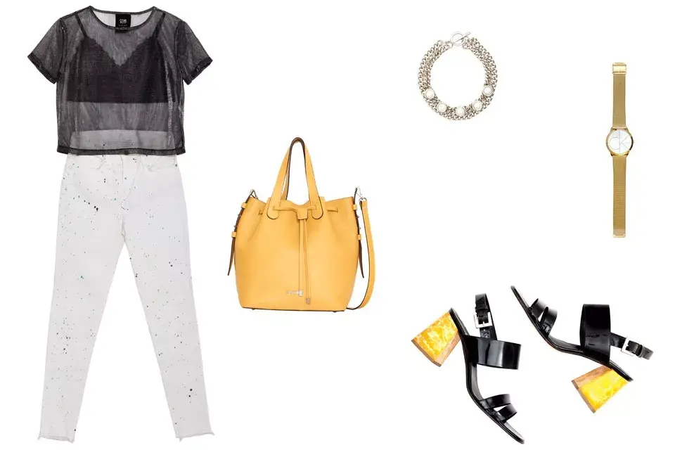 Remera, Complot, $499. Corpiño de encaje, Caro Cuore, $1135. Jean manchado, Koxis, $1290. Cartera, Blaqué, $2990. Choquer, Kosiuko, $990. Reloj, Calvin Klein, $7395. Sandalias, Mishka, $5760