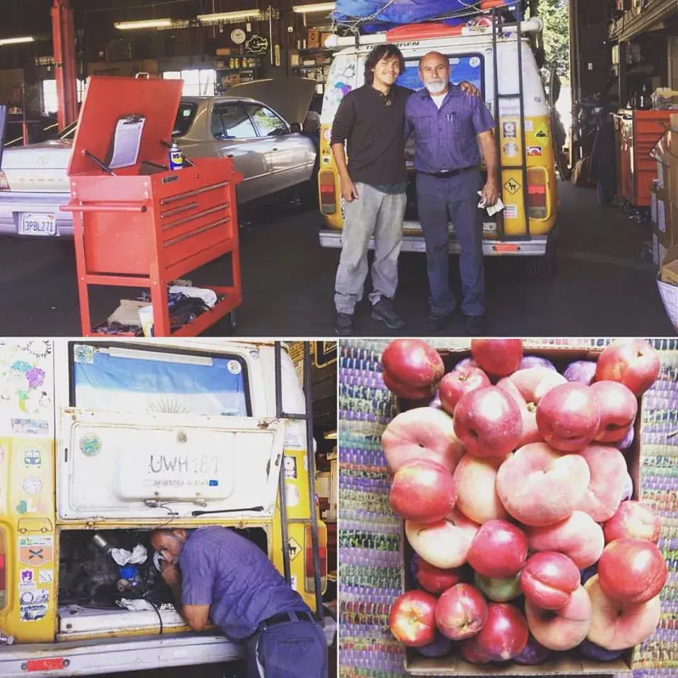 El alternador de la combi no resistió la totalidad del viaje y tuvieron que cambiarlo; de yapa unas frutas que el dueño del taller cortó para ellos