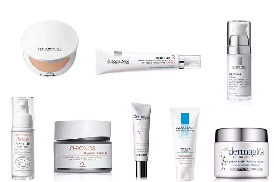 Maquillaje con protector solar en polvo (La Roche Posay)Redermic R con Retinol (La Roche Posay) Serum Substiane (La Roche Posay), contorno de ojos (Avene y Dermaglos), Hydreane ligera (La Roche Posay) y crema de noche (Dermaglos)