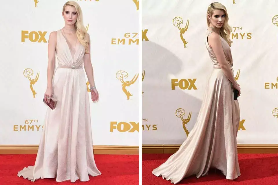 Como si hubiera salido de los años dorados de Hollywood, Emma Roberts y un vestido nude de tejido brillante de Jenny Packham