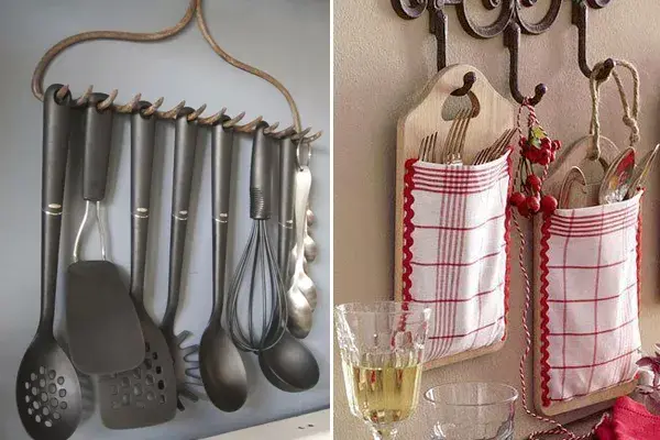 Dos propuestas originales. Un viejo rastrillo de jardín se transforma en el accesorio perfecto para guardar todo tipo de cucharones. La segunda, con dos tablas de madera y dos repasadores conseguís este complemento ideal para los cubiertos. ¿Qué tal?