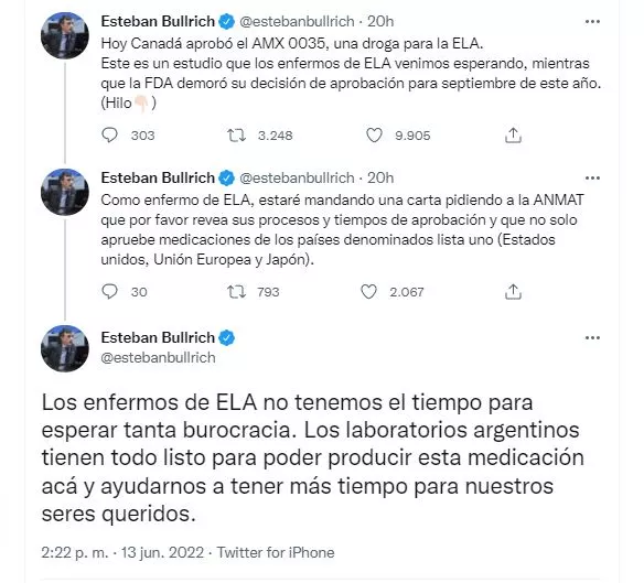 El pedido de Esteban Bullrich por una droga para tratar el ELA