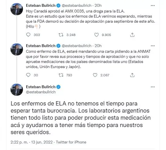 El pedido de Esteban Bullrich por una droga para tratar el ELA