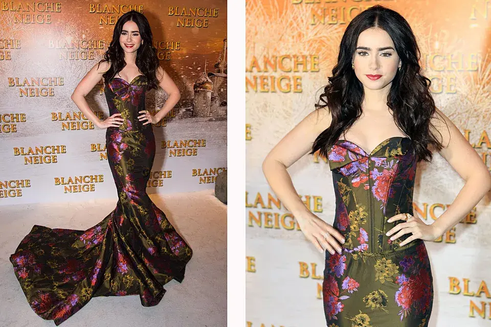 Lilly Collins, la Blanca Nieves de "Espejito, espejito" (en el que la bruja es interpretada por Julia Roberts) se lució con un impresionante strapless de estampa floral y corte sirena de Zac Posen